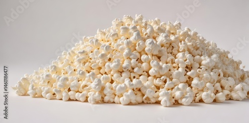 A mound of fluffy popcorn against a pure white backdrop , light, airy, kernel