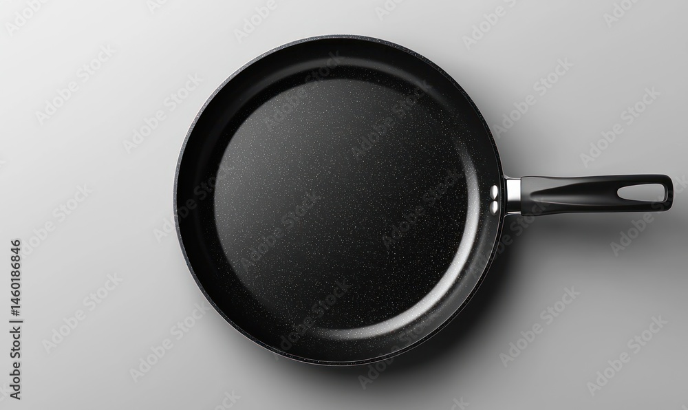 Top view of a dark-colored frying pan with a black handle on a light gray background Top view of a dark-colored frying pan with a black handle on a light gray background