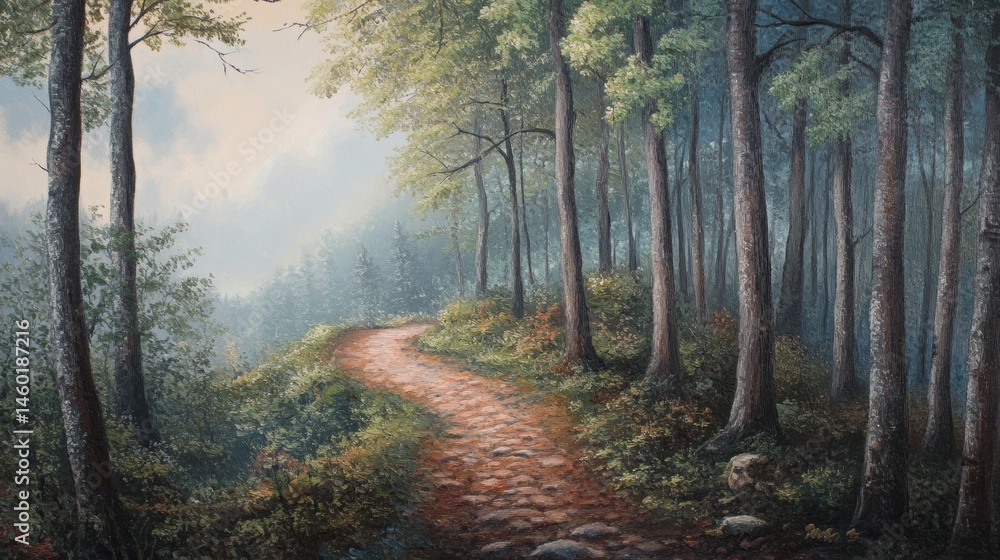 Obraz premium Misty forest path winding through tall trees.