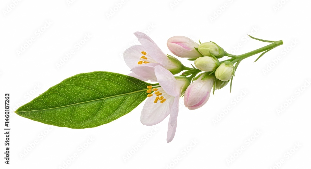Fototapeta premium Close Up of Delicate Jasmine Flowers Showing White Petals With Hints of Pink and Green Leaves