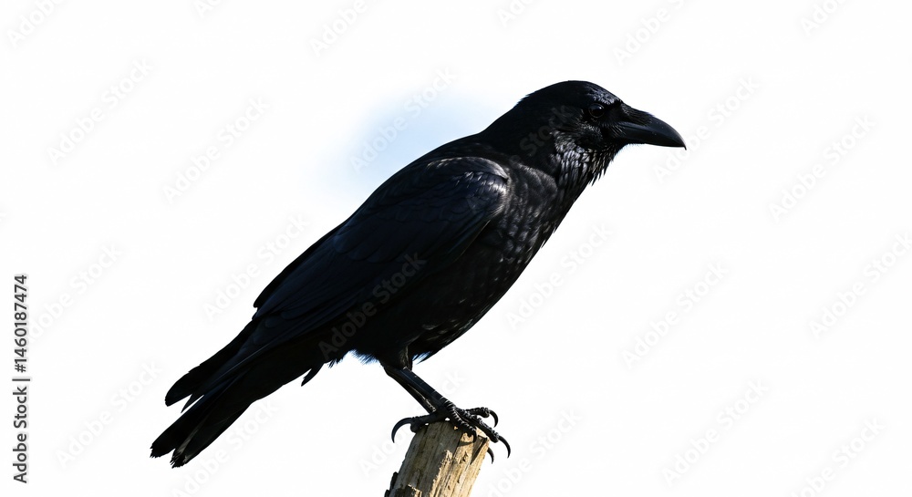 Fototapeta premium Black Crow Perched On A Branch Against A White Background With Detailed Feathers