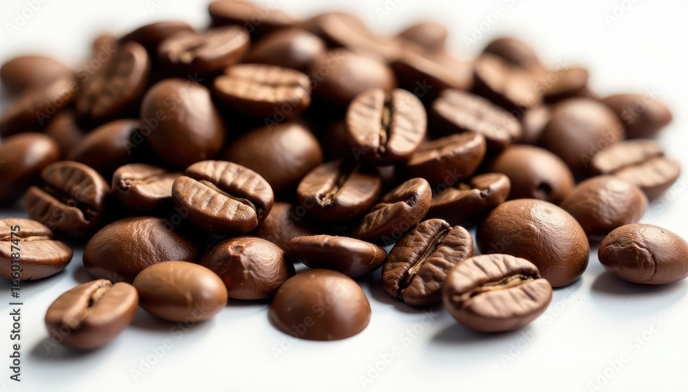 Naklejka premium Close-up of dark roasted coffee beans on white , seed, cafe