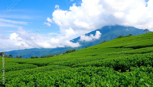Lush tea plantation, mountain range, blue sky
