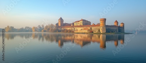 Wallpaper Mural Tranquil castle reflected in calm waters at dawn. Misty atmosphere enhances serenity Torontodigital.ca