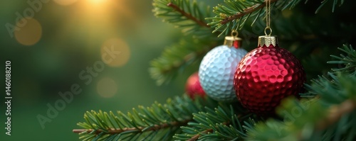 Golf ball ornaments nestled in a fir tree branches , ball, nature, sphere