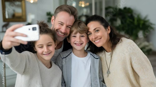 Family capturing fun moments with silly faces in a mirror selfie
