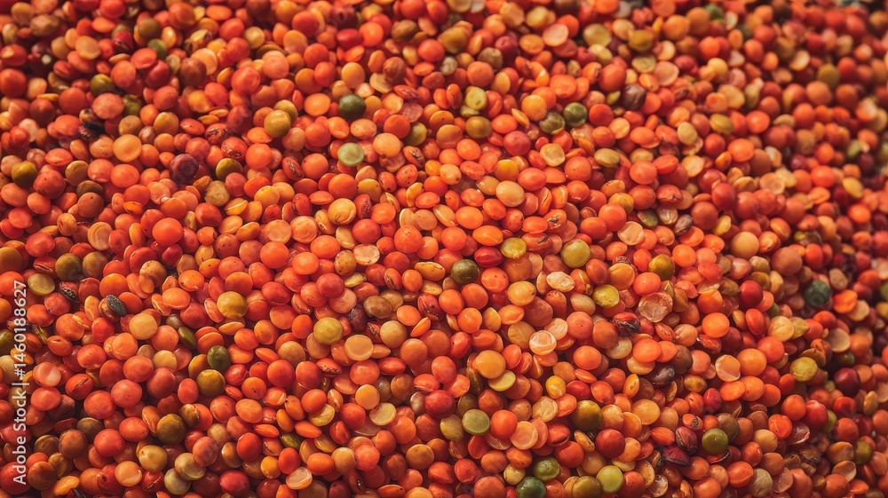 Bright red lentils densely packed in full container, top-down perspective Bright red lentils densely packed in full container, top-down perspective