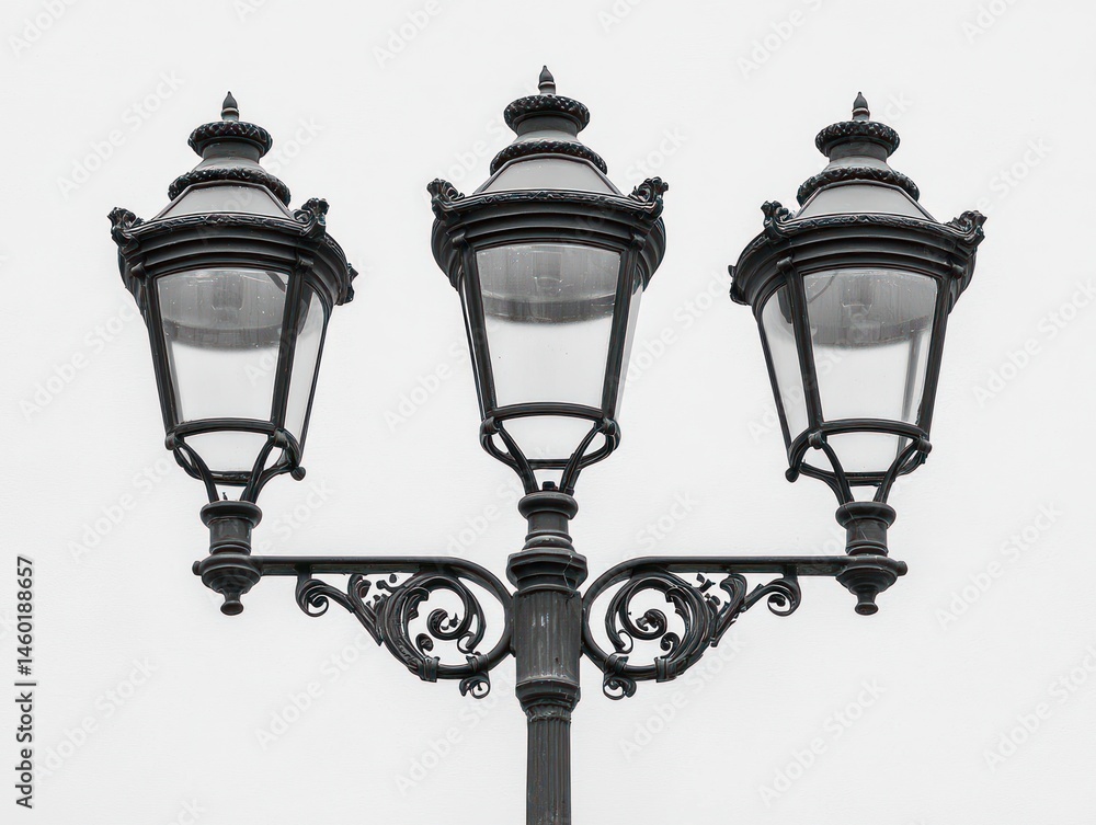 Triple ornate lamppost with glass shades against a simple background. Elegant design Triple ornate lamppost with glass shades against a simple background. Elegant design
