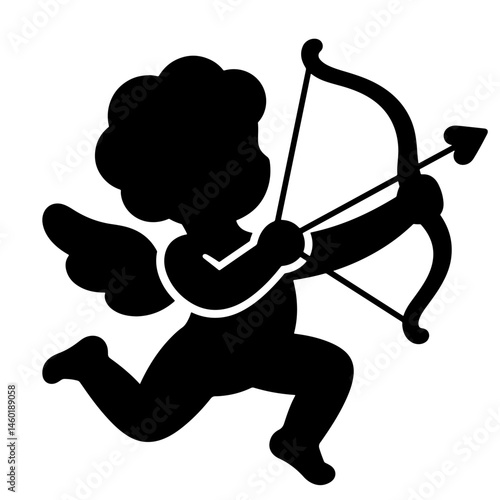 A black silhouette vector illustration of Cupid, a winged cherub, playfully shooting an arrow from a bow.