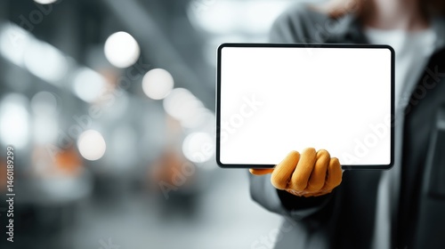 Person in Yellow Gloves Holding Tablet with Blank Screen in Industrial Setting
