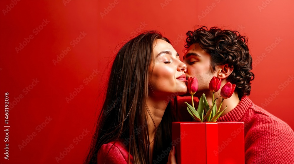 A man and woman kissing with a red gift box and tulips A man and woman kissing with a red gift box and tulips