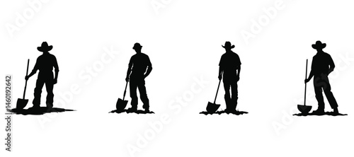 Four Farmer Silhouettes with Shovels Working in Field