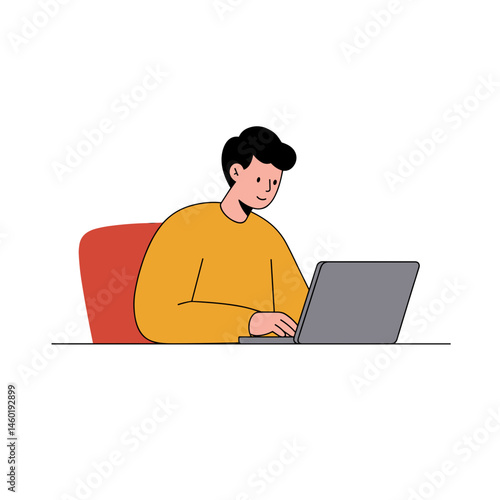 Focused man working on laptop at desk with smile on soft background for remote work concept, no background