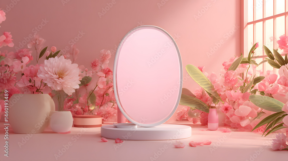 Elegant Pink Floral Background with Oval Mirror Mockup