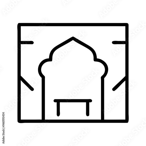 black outline icon of traditional arched architecture with bench inside a room, cultural or historical property, minimalist vector on white background