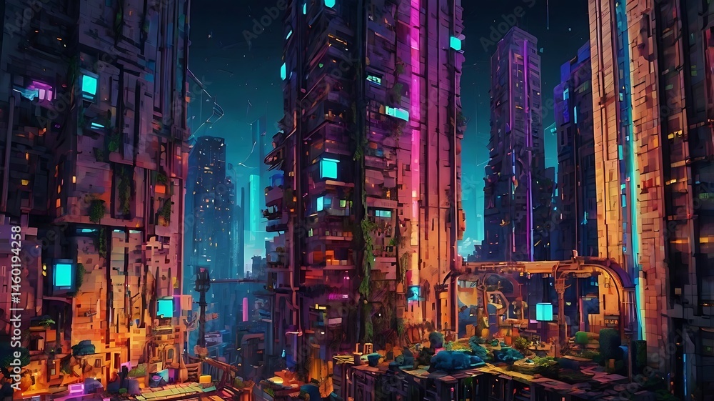 Obraz premium Neon Future Cityscape: A Vibrant Urban Landscape of Futuristic Buildings