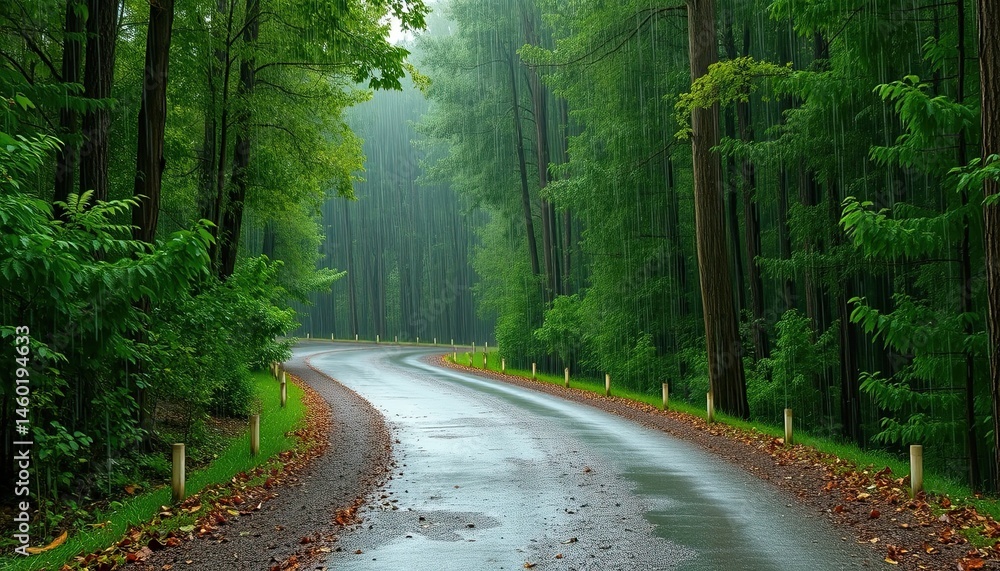 Fototapeta premium Winding road through lush green forest, rainy day