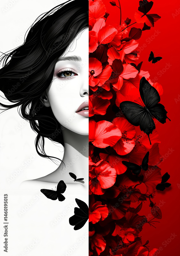 Fototapeta premium A woman with black and white flowers and butterflies