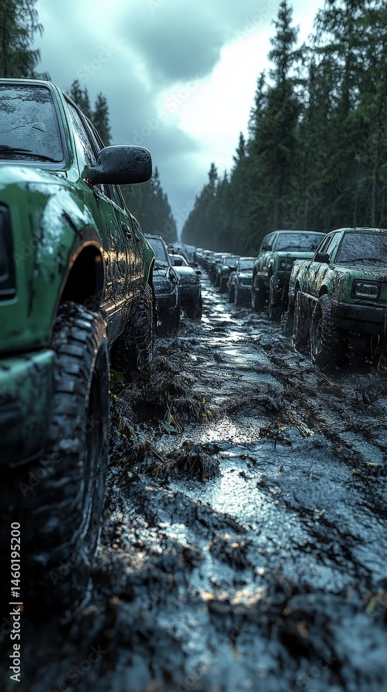 Obraz premium Post-Apocalyptic Road with Damaged Cars and Cracked Pavement in a Desolate Landscape
