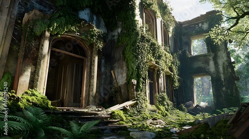 a realistic photo of an overgrown ruined damaged house