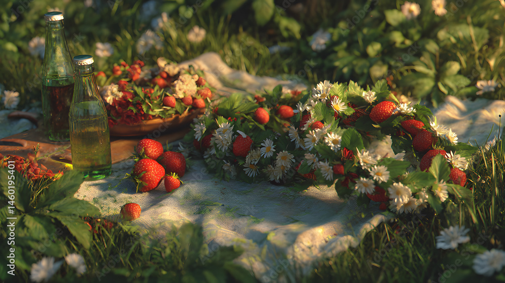 Summer Picnic Scene Strawberries, Flowers, and Sunshine on a Meadow