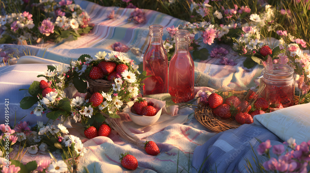 Summer Picnic Scene Strawberries, Flowers & Sunshine
