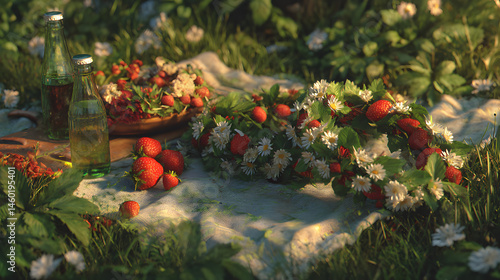 Obraz na płótnie Summer Picnic Scene Strawberries, Flowers, and Sunshine on a Meadow w salonie