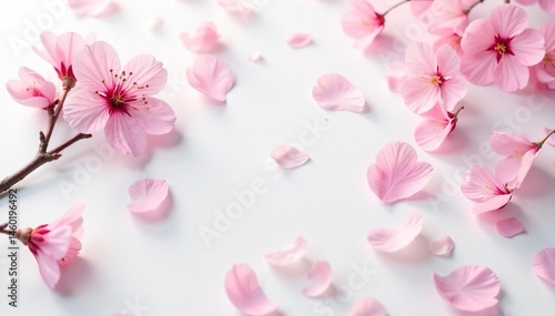 Delicate pink sakura blossoms, scattered petals on white background, romantic, nature background