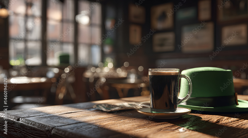 Cozy Pub Interior Dark Drink & Soft Sunlight in Irish Pub Setting