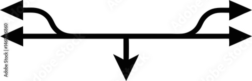 A thick black arrow with a central horizontal shaft that splits into two outward-pointing arrows on each end, and a single downward-pointing arrow from the center, symbolizing expansion, distribution,