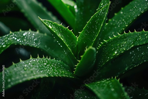 Vibrant aloe plant with moisture droplets, showcasing texture and lushness in dark green hues