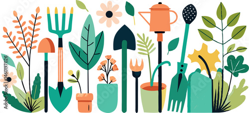 A charming illustration featuring various hand-drawn gardening tools, including a watering can, shovel, rake, and plants.