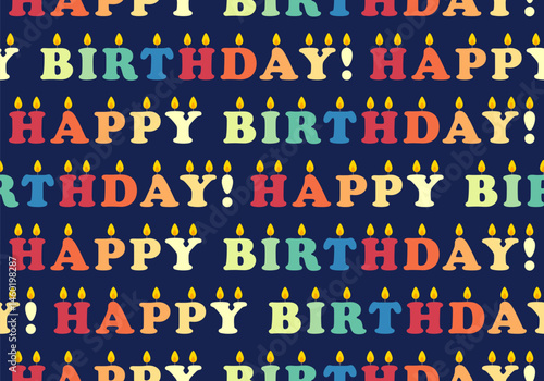Seamless pattern with colorful burning birthday cake candles with different prints. Holiday, anniversary celebration. Vector flat illustration for wallpaper, textile, packaging stock illustration