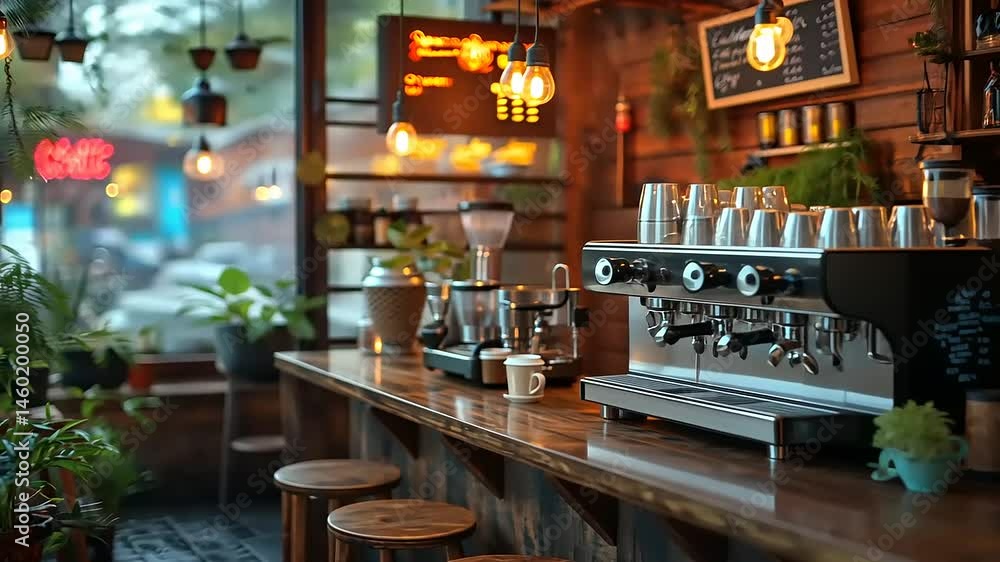 Cozy Coffee Shop Interior with Wooden Counter and Plants Cozy Coffee Shop Interior with Wooden Counter and Plants