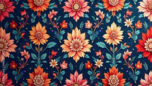 Intricate floral damask textile, repeating motif, art, texture