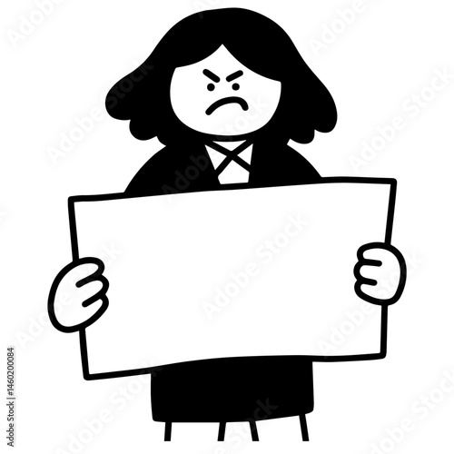 Angry woman holding blank sign, black and white, vector illustration. Simple flat design.
