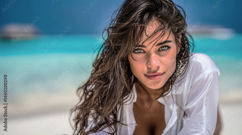 Naklejka premium A woman with long hair is laying on the beach in a white shirt. She has a smile on her face and is looking at the camera