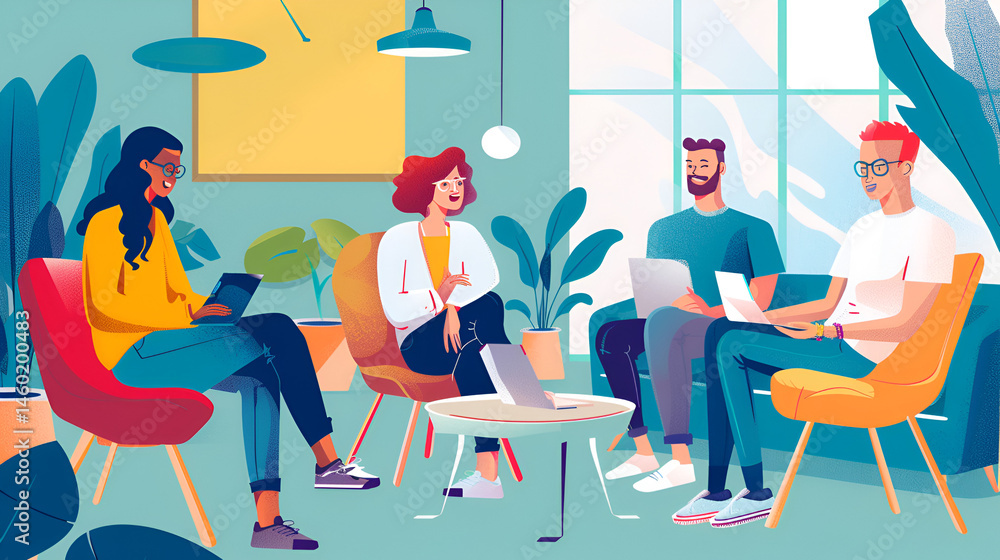 Illustration of four people working in a modern office space with plants and natural light coming through Illustration of four people working in a modern office space with plants and natural light coming through