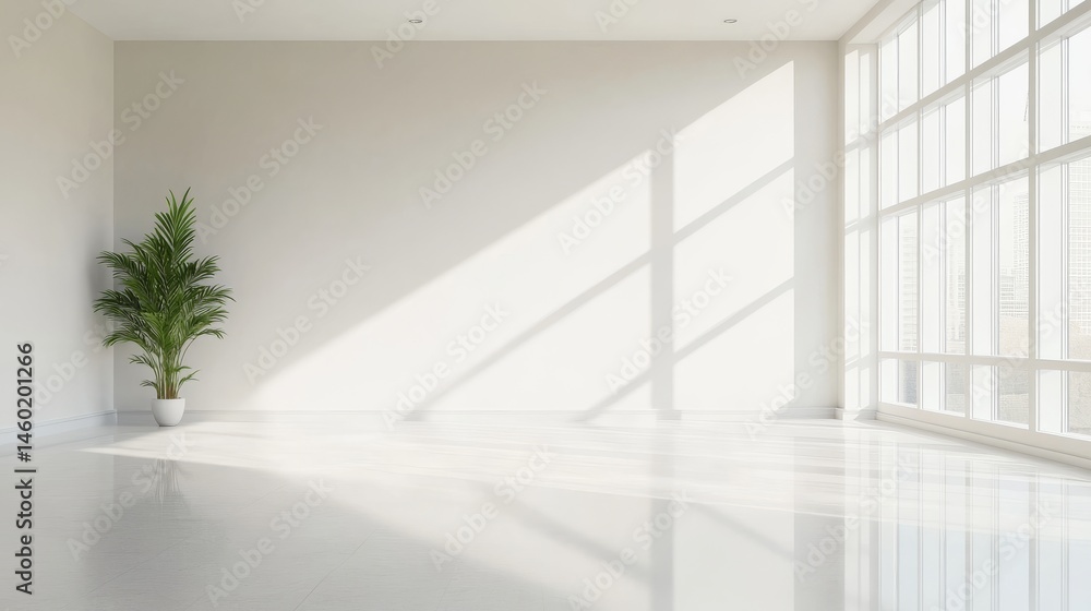 Fototapeta premium Empty modern loft with large windows and plants 
