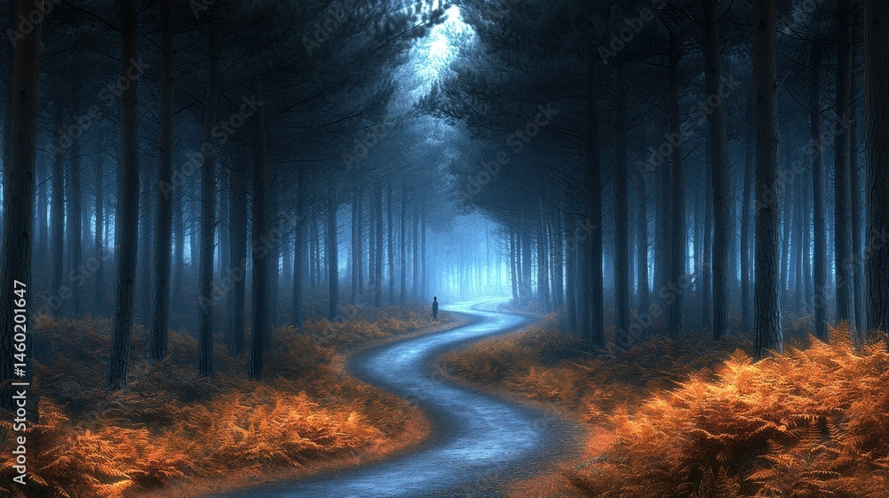 Fototapeta premium Mystical forest path winding through tall trees, bathed in ethereal blue light