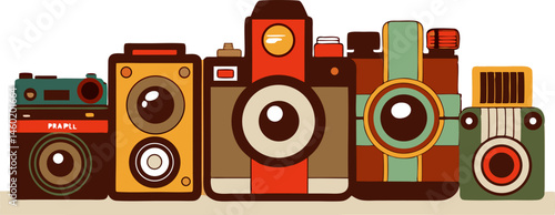The image is a colorful illustration of a collection of vintage or retro-style cameras lined up next to each other.