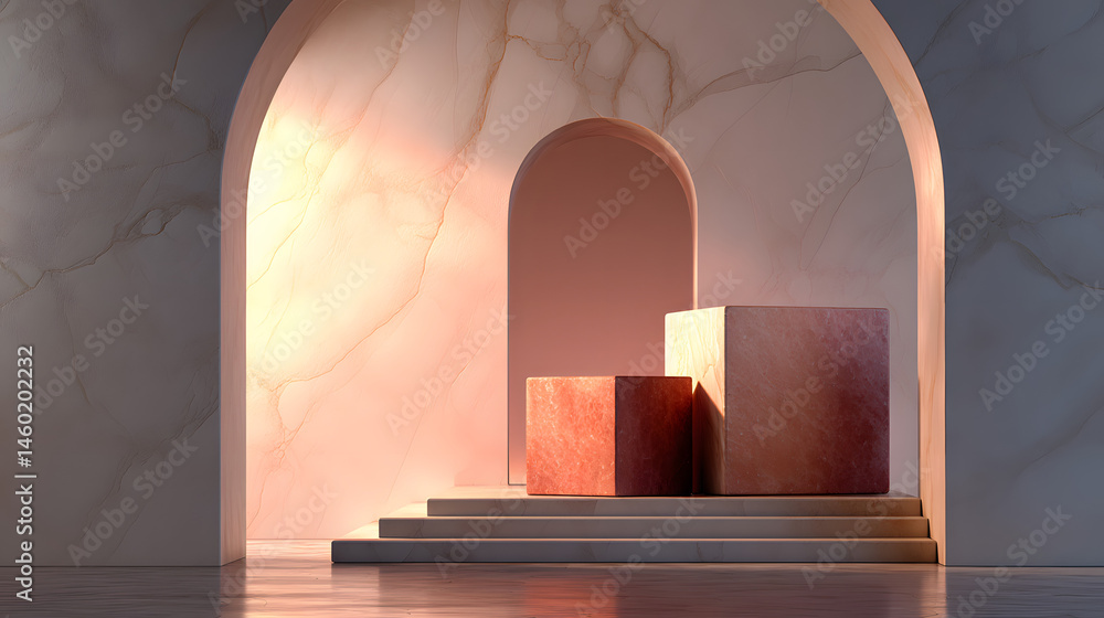 Elegant Marble Archway with Rose-Toned Cubes Minimalist Product Display