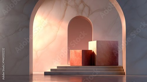 Obraz na płótnie Elegant Marble Archway with Rose-Toned Cubes Minimalist Product Display w salonie