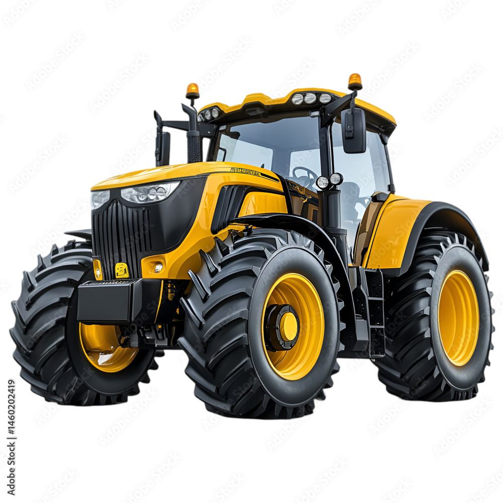 Obraz premium Powerful Yellow Tractor Large Tires Farm Machinery Agriculture Vehicle