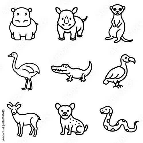 Line Art Animals in Simple Black and White Style, icons set, vector  