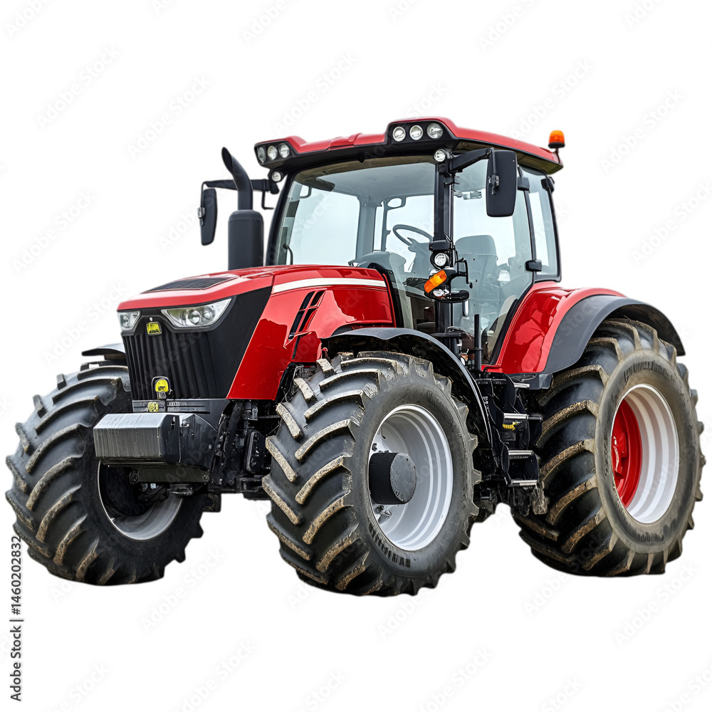 Obraz premium Powerful Red Tractor Modern Farm Equipment Big Tires Strong Machine