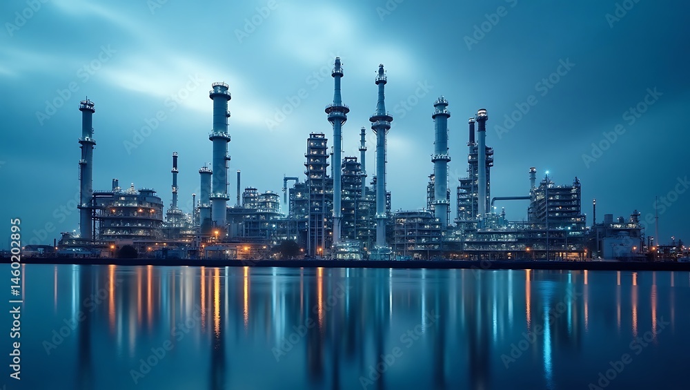 Industrial complex reflecting on water under a soft azure twilight backdrop Industrial complex reflecting on water under a soft azure twilight backdrop