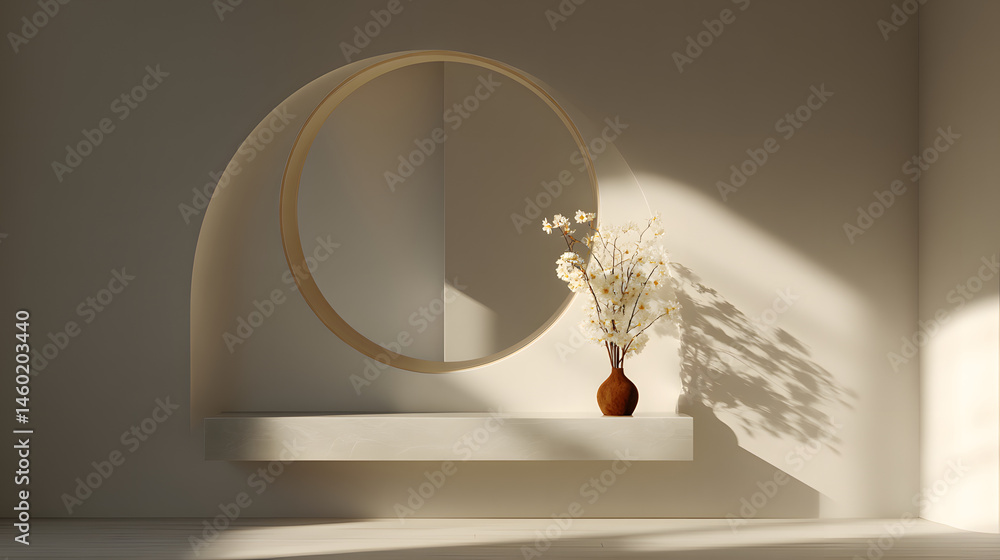 Minimalist Alcove with Circular Mirror and Dried Flowers Modern Interior Design