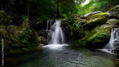 Serene small waterfalls cascading over moss covered rocks into a clear pool surrounded by green trees in a tranquil forest