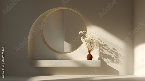 Obraz na płótnie Minimalist Alcove with Circular Mirror and Dried Flowers Modern Interior Design w salonie